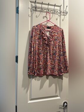 Floral Ruffle-Neck Long Sleeve Floral Top - Pink